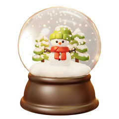 Glass Snow Globe. christmas balls with snowman and tree. 3D cute cartoon winter holiday seoson. Travel, Camping or house. new year, christmas concept. Happy new year decoration.