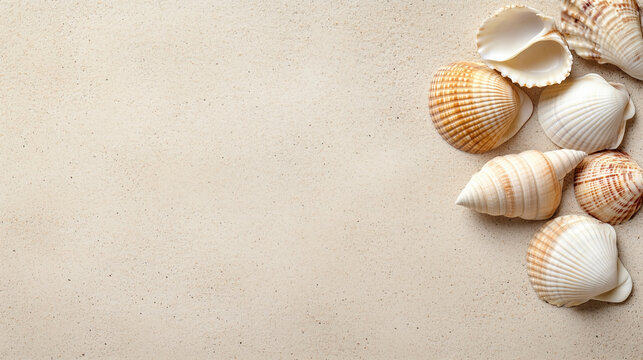 Beautiful collection of seashells on sandy background, evoking coastal vibes