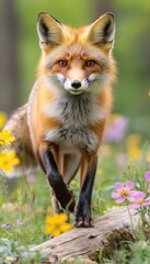 Obraz premium A red fox walking through a field of colorful wildflowers.
