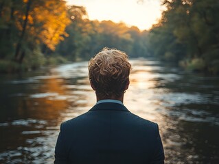 Fototapeta premium Businessman Standing by a Serene River Discussing Environmental Conservation and Blending Business with Nature