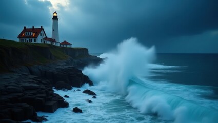 Obraz premium Coastal lighthouse amidst crashing waves, representing resilience and navigation, great for maritime or travel-related visuals.