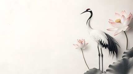 Fototapeta premium Graceful Crane in Misty Lotus Pond