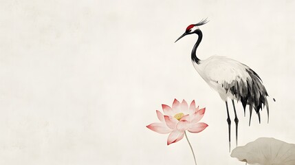 Naklejka premium Graceful Crane in Misty Lotus Pond