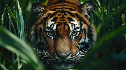 A close-up of a tiger stalking through dense green foliage.