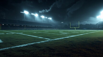 Empty Football Field Illuminated at Night Under Stadium Lights..