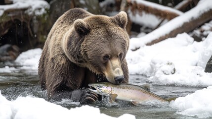 Obraz premium A bear catching a fish in a snowy river setting.