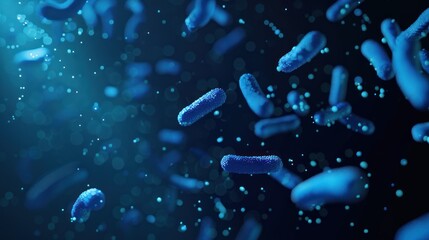 Microscopic view of numerous blue rod-shaped bacteria floating in a dark blue liquid.