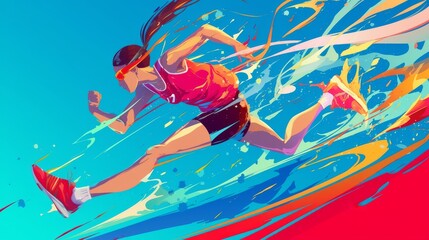 Female Athlete Running Dynamically Through Abstract Colorful Background..