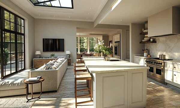 Bright, modern kitchen and living area with large windows and natural light.
