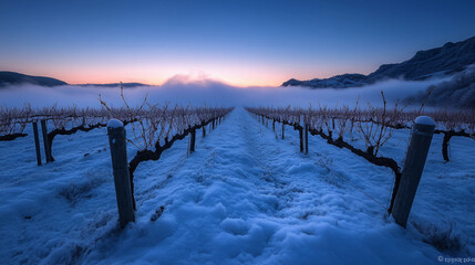 Fototapeta premium serene snow-covered vineyard at sunrise with foggy winter landscape and frosty grapevines in a dramatic dawn scene