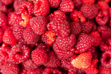 Close-up of raspberries in a bowl. Background with raspberries.