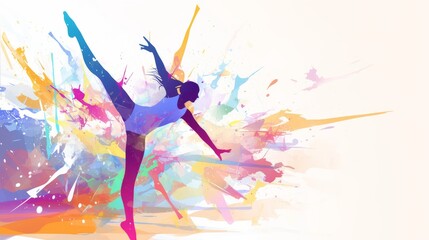 Obraz premium Female Gymnast Performing a Split Leap Amidst an Abstract Colorful Explosion..
