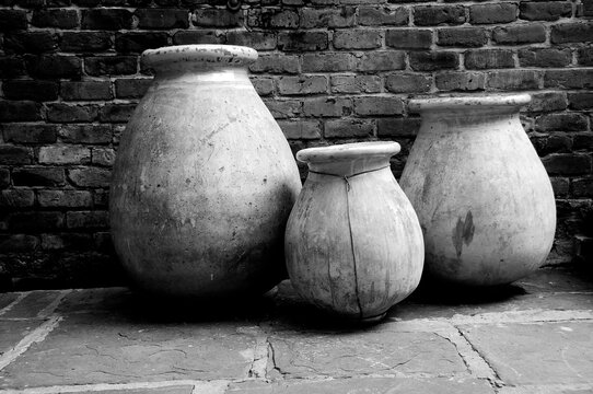 3 Vintage Pots and Brick Wall Black and White
