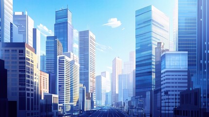 Modern Urban Skyline with Tall Glass Buildings in a City Setting