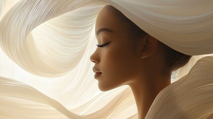[Soft silhouettes figures contours fluid] Serene woman floating in air with flowing locks and soft focus backdrop.