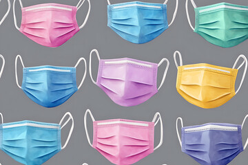 A collection of colorful face masks arranged in a pattern on a gray background.