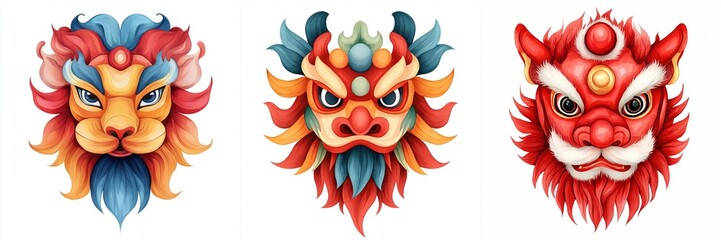 Fototapeta premium Chinese new year reunion concept. Colorful lion masks representing cultural symbolism and artistry.