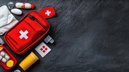 [first aid kit aid tourniquet] Medical Emergency Kit Chaos with Red First Aid Box & Medical Supplies Spilled Out on Black Countertop