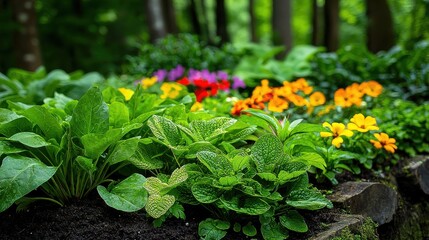 [Sustainable Gardening rotation biodiversity] Lush Garden Oasis with Vibrant Red Flowers and Lush Greenery