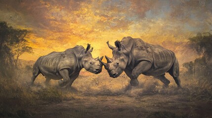 Fototapeta premium fight, a confrontation between two white rhino in the savannah