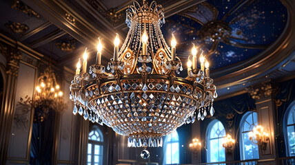 Luxurious Crystal Chandelier with Starry Sky Pendants in an Opulent Palace Hall. Perfect for: Christmas, New Year's Eve, luxury events, galas, weddings, high-end interior designs