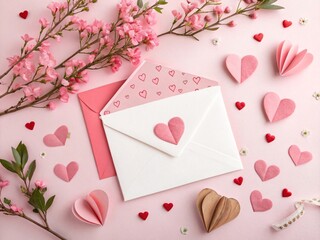 love letter envelope with paper craft hearts - flat lay on pink valentines or anniversary background with copy space