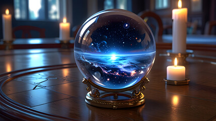 Fototapeta premium Glass Orb on Tabletop with Universe-Like Depths and Candle Reflections. Perfect for: astronomy events, artistic installations, luxury decor, cosmic-themed designs