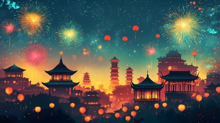 Fototapeta premium Dazzling Fireworks Display Over Illuminated Asian Cityscape - Vibrant Celebration, Festive Skyline, Nighttime Spectacle