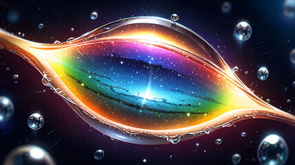 Suspended Water Droplet with Rainbow Glow and Starry Background. Perfect for: astronomy events, environmental themes, fantasy designs, dreamscapes