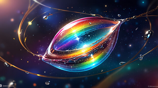 Suspended Water Droplet with Rainbow Glow and Starry Background. Perfect for: astronomy events, environmental themes, fantasy designs, dreamscapes