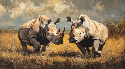 Obraz premium fight, a confrontation between two white rhino in the savannah