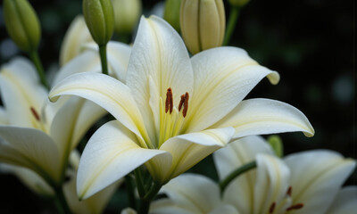 Obraz premium Lily (Lilium spp.) Elegant flowering plant with large, trumpet-shaped flowers in white, yellow, or orange. Lilies are often grown in
