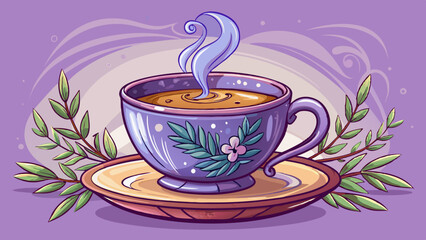 A rustic ceramic teacup filled with steaming tea, sitting on a soft lavender background