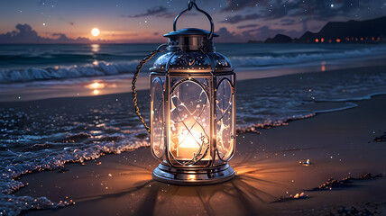 Glass Lantern with Silver Light and Stars on a Night Beach. Perfect for: Mid-Autumn Festival, stargazing events, beach weddings, fantasy visuals