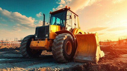 Fototapeta premium Bulldozer on Construction Site Clearing Land at Sunset