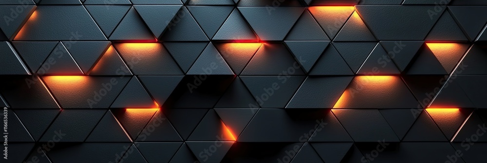 Poster a textured wall of triangular panels with glowing orange accents, creating a dynamic visual effect.