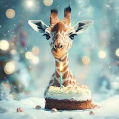 A cute baby giraffe celebrating a birthday with a cake and a single candle, surrounded by a dreamy, festive background with bokeh lights