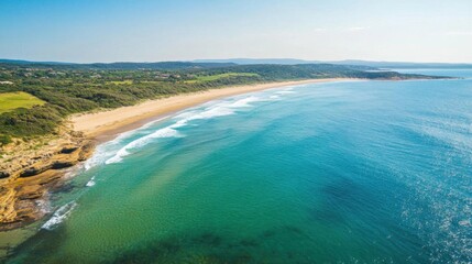 Obraz premium Aerial view of sea waves shore, summer beach and bright coastline.