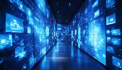 Abstract blue tech background with dynamic data flow, digital screens, and polygonal lines, representing the connection between internet trends and blogging