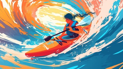Kayaker Paddling Through Vibrant Abstract Ocean Waves..