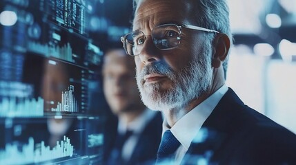 Senior businessman analyzing data on a holographic screen with a colleague.