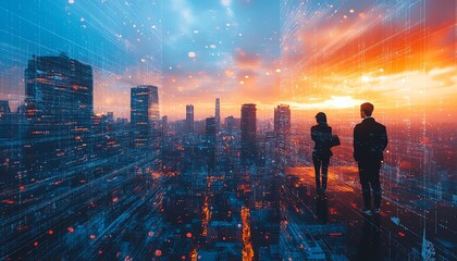 Fototapeta premium Futuristic cityscape concept with architects studying abstract designs, aiming to create innovative and sustainable buildings to reshape the urban environment