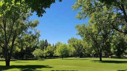 Obraz premium Spring landscape with trees on green grass in the park, outdoor concept.