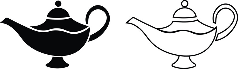 Magical Genie Lamp icon set. Mystical, black flat and line vector ornate genie lamp, radiating magic and wonder with sparkling stars. Perfect for fantasy, storytelling, and wish granting themes.