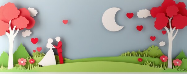 valentine day festive special moments concept. Couple embracing in a whimsical paper-cut landscape with hearts and trees.