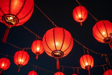 Obraz premium Chinese red lantern hanging on rope, traditional Chinese for Chinese New Year on night light