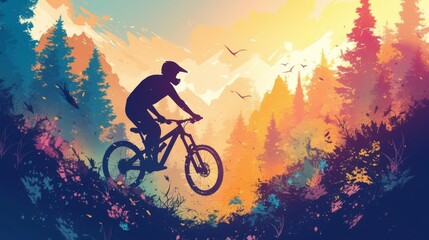 Mountain Biker Silhouette Rides Through Colorful Forest Landscape at Sunset..