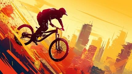 Mountain Biker Soaring Over Futuristic Cityscape at Sunset..
