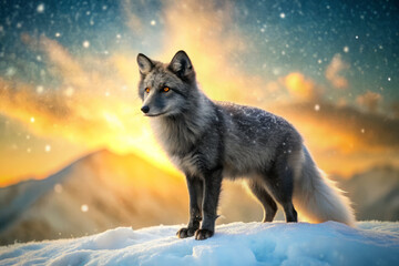 Obraz premium solitary arctic fox stands on snow, its fur gleaming in sunset glow