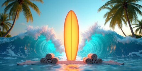 Golden Surfboard in Tropical Ocean Wave